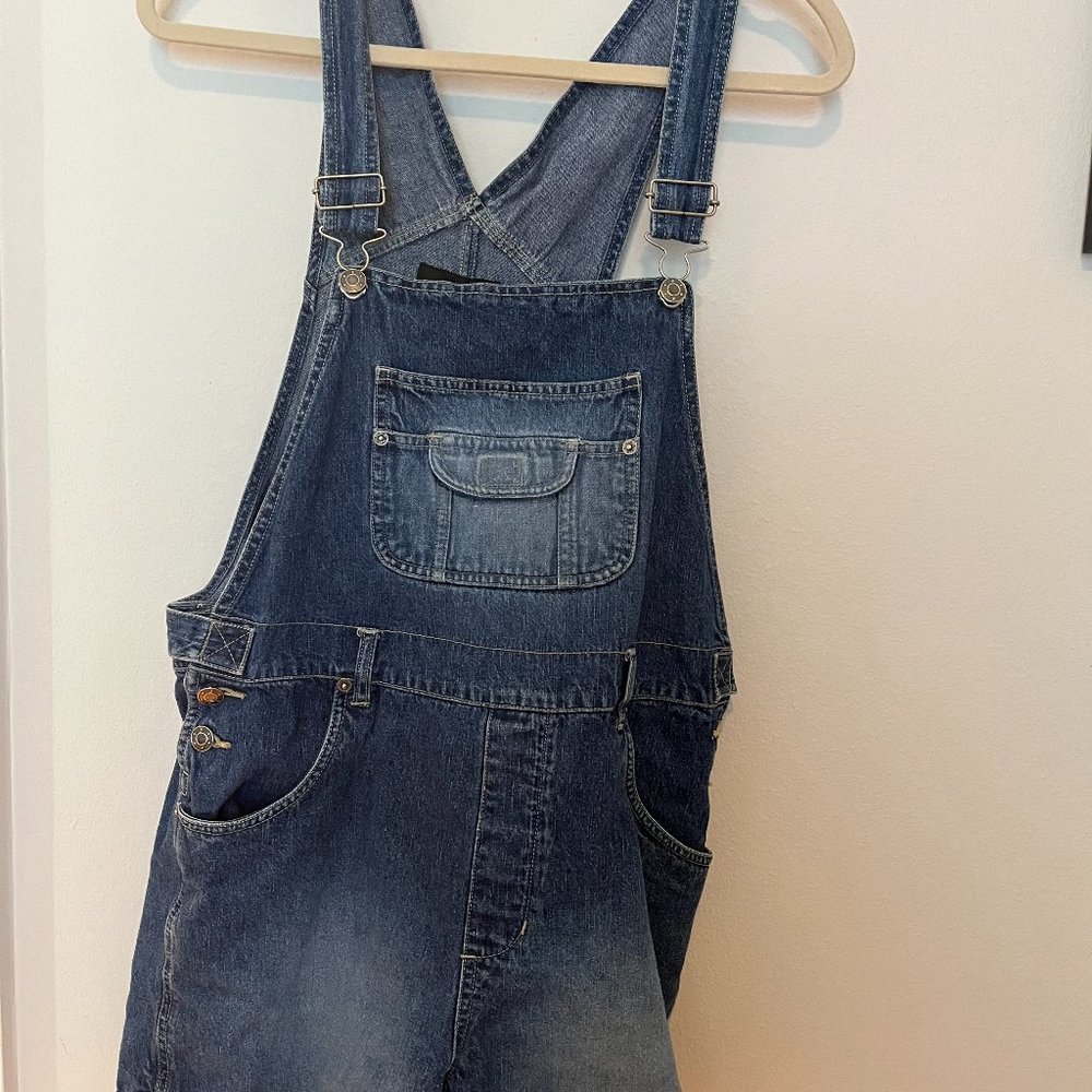 Xhilaration Denim Overall Shorts Sz M Y2k Adjustable Pockets Dark Wash